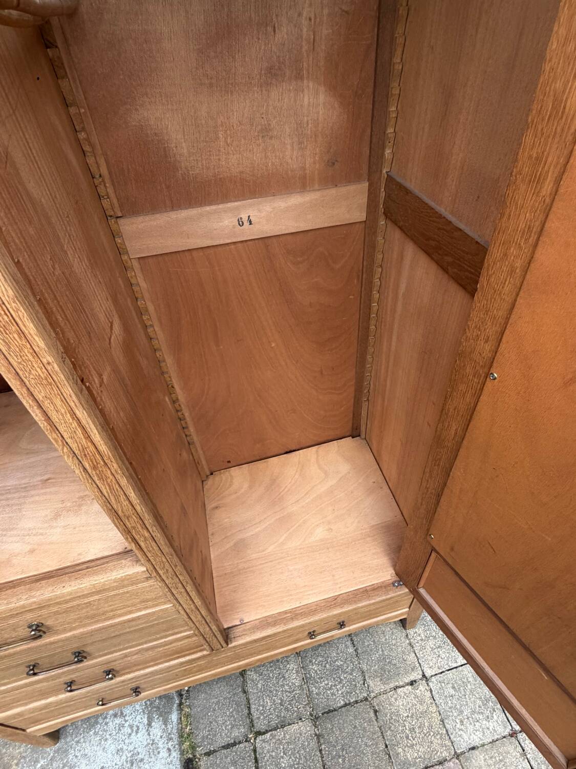 Parisian hotel wardrobe with bevelled mirror, solid raw oak, 1920.