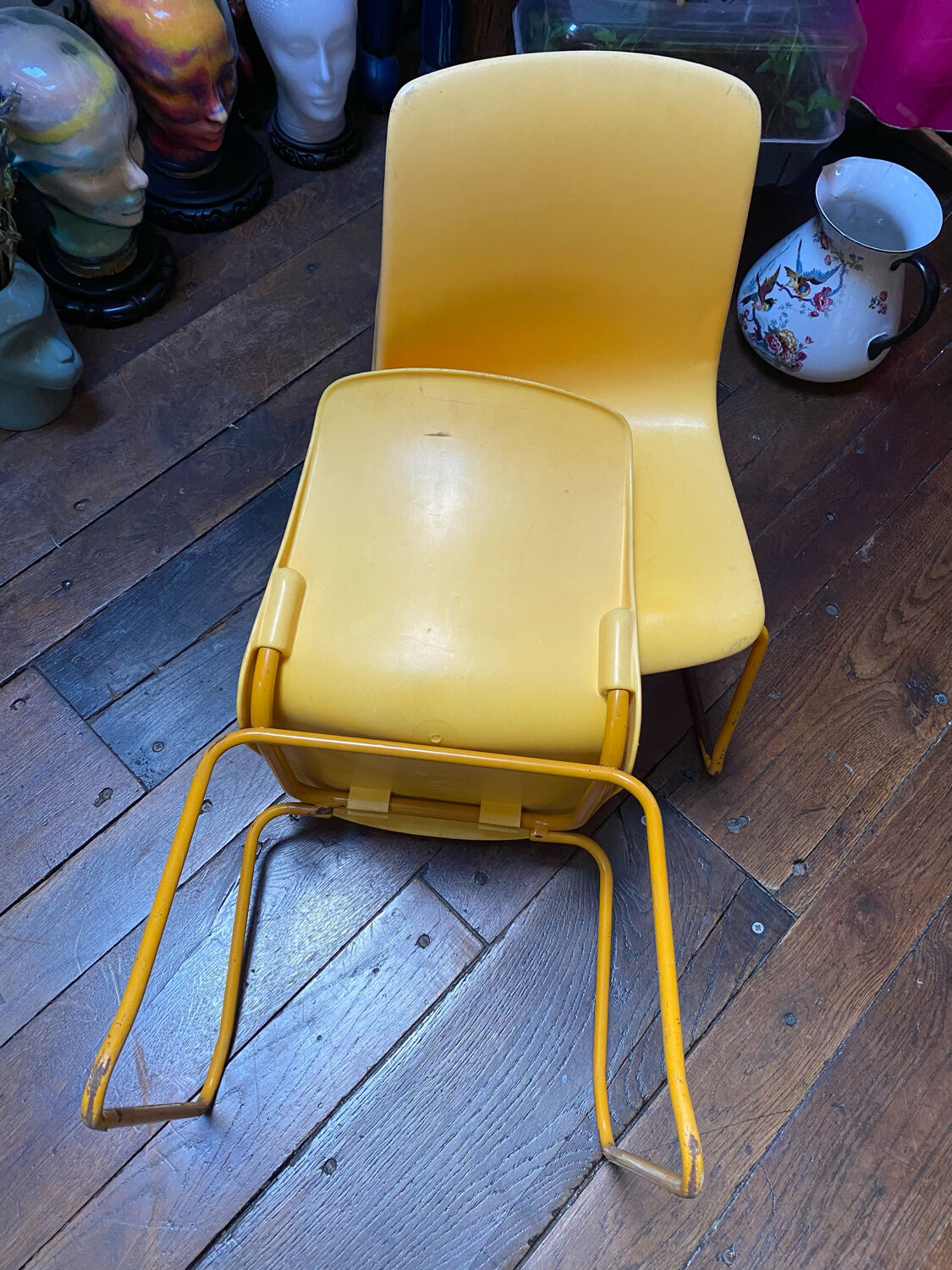 Duo of vintage Grofilex child kindergarten chairs yellow plastic