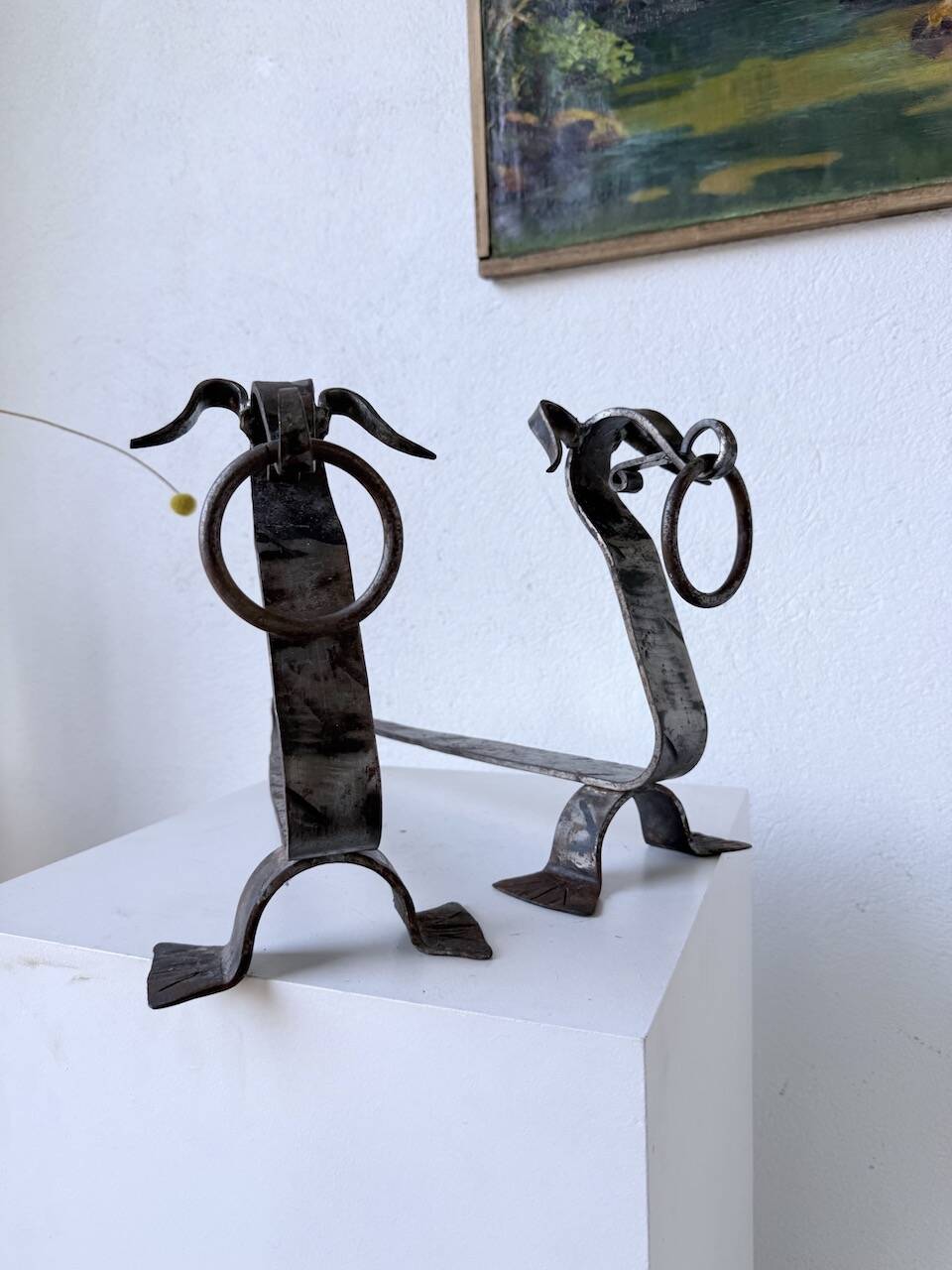 Pair of zoomorphic metal andirons "dogs" 1950