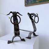 Pair of zoomorphic metal andirons "dogs" 1950
