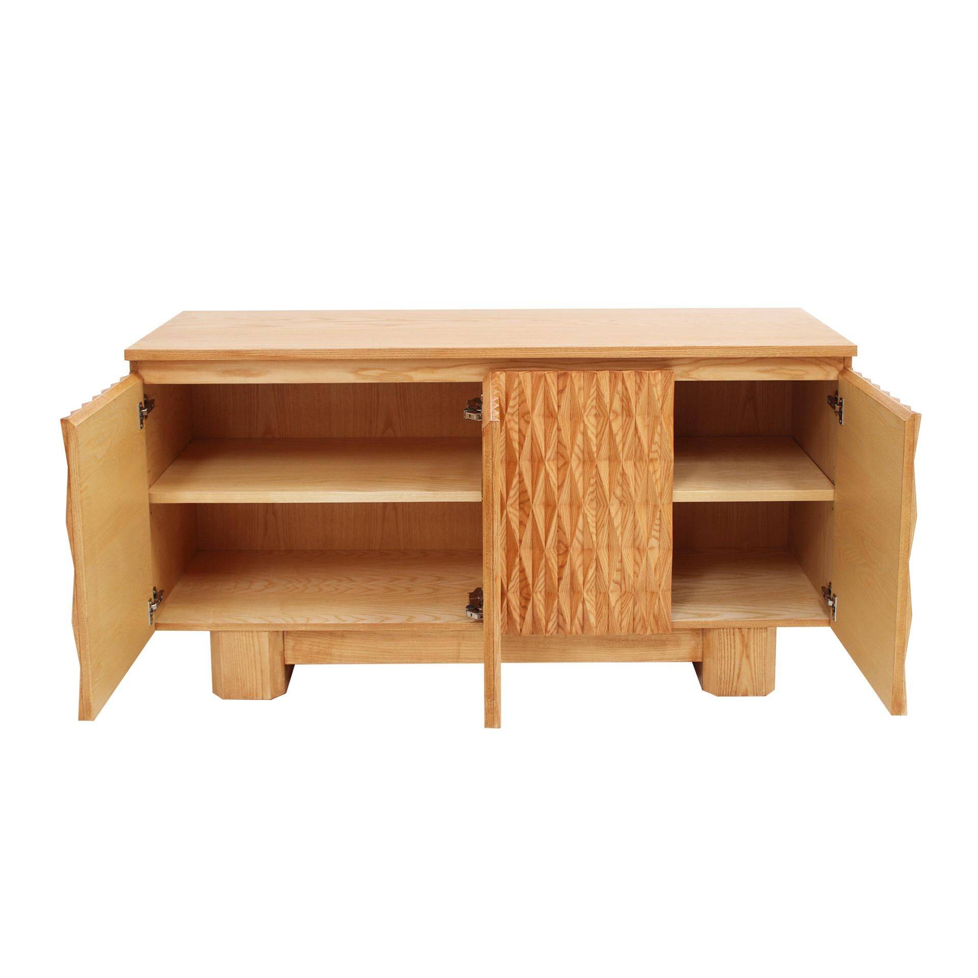 Hand-Carved Solid Oak Italian Sideboard with Four Doors, Brutalist Style