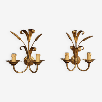 Pair of gold metal sconces wheat sheaf two fires 1960