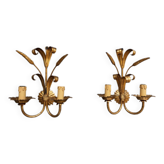 Pair of gold metal sconces wheat sheaf two fires 1960