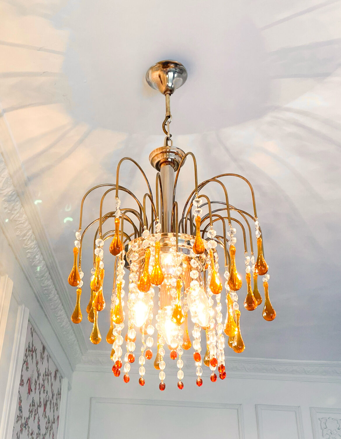 Lustre cascade Murano vintage en verre ambré et cristal, chandelier it