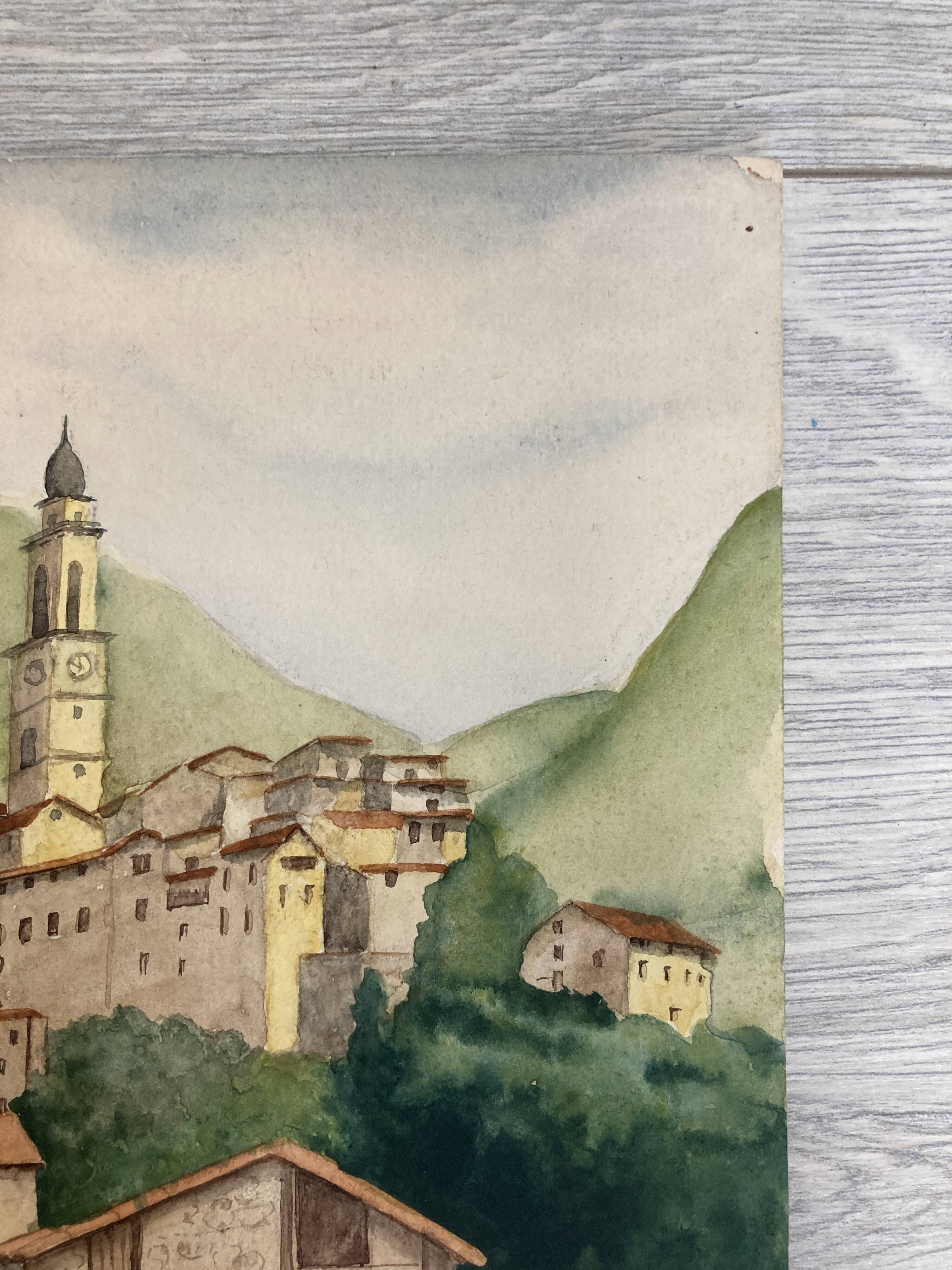 Signed watercolor of landscape with bell tower