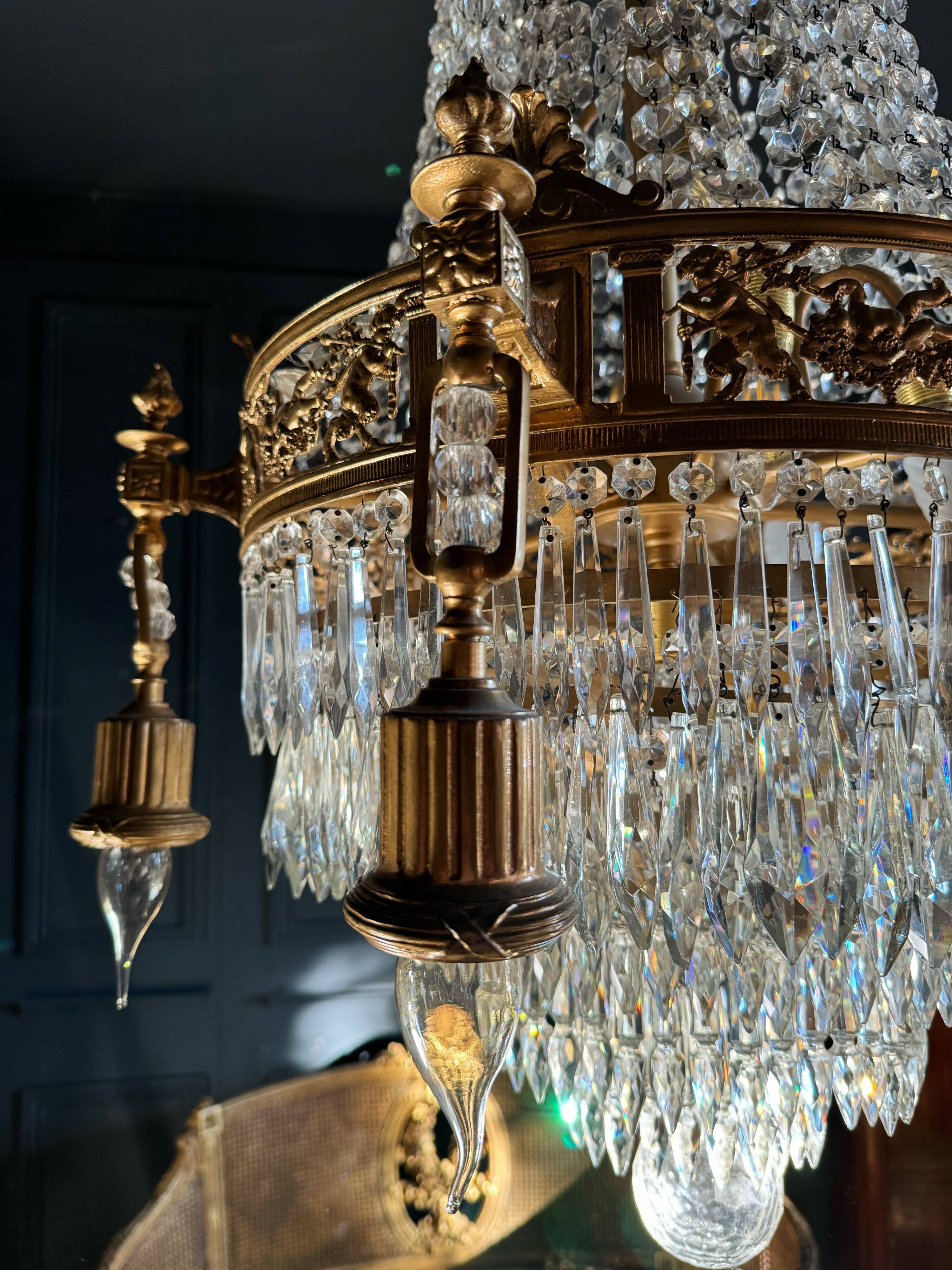 19th Century Louis XVI Style Gilt Bronze Chandelier With Crystal Tassels - H125cm