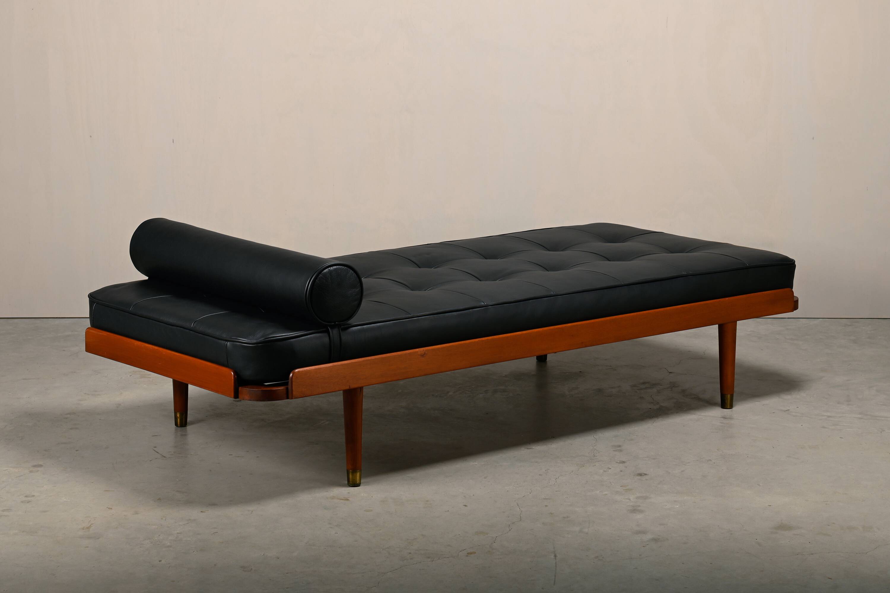 Scandinavian Daybed in Teak and Black Leather attributed to Horsens Møbelfa