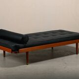 Scandinavian Daybed in Teak and Black Leather attributed to Horsens Møbelfa