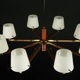 Mid-Century 8 arms Stilnovo chandelier in opaline, brass and red lacquer.