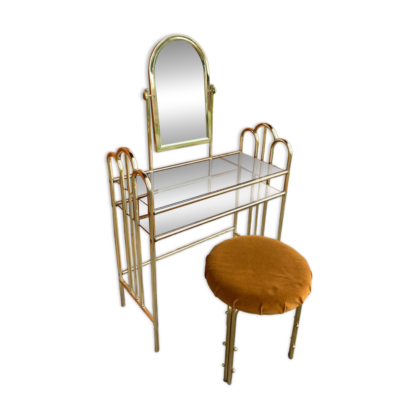 Vintage brown brass dressing table with mirror and matching stool, 1950s - set of 2