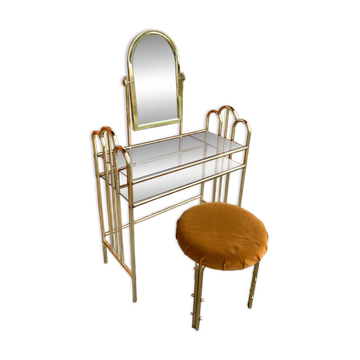 Coiffeuse en laiton brun vintage avec miroir et tabouret assorti, années 1950 - ensemble de 2