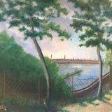Old painting trees and lake