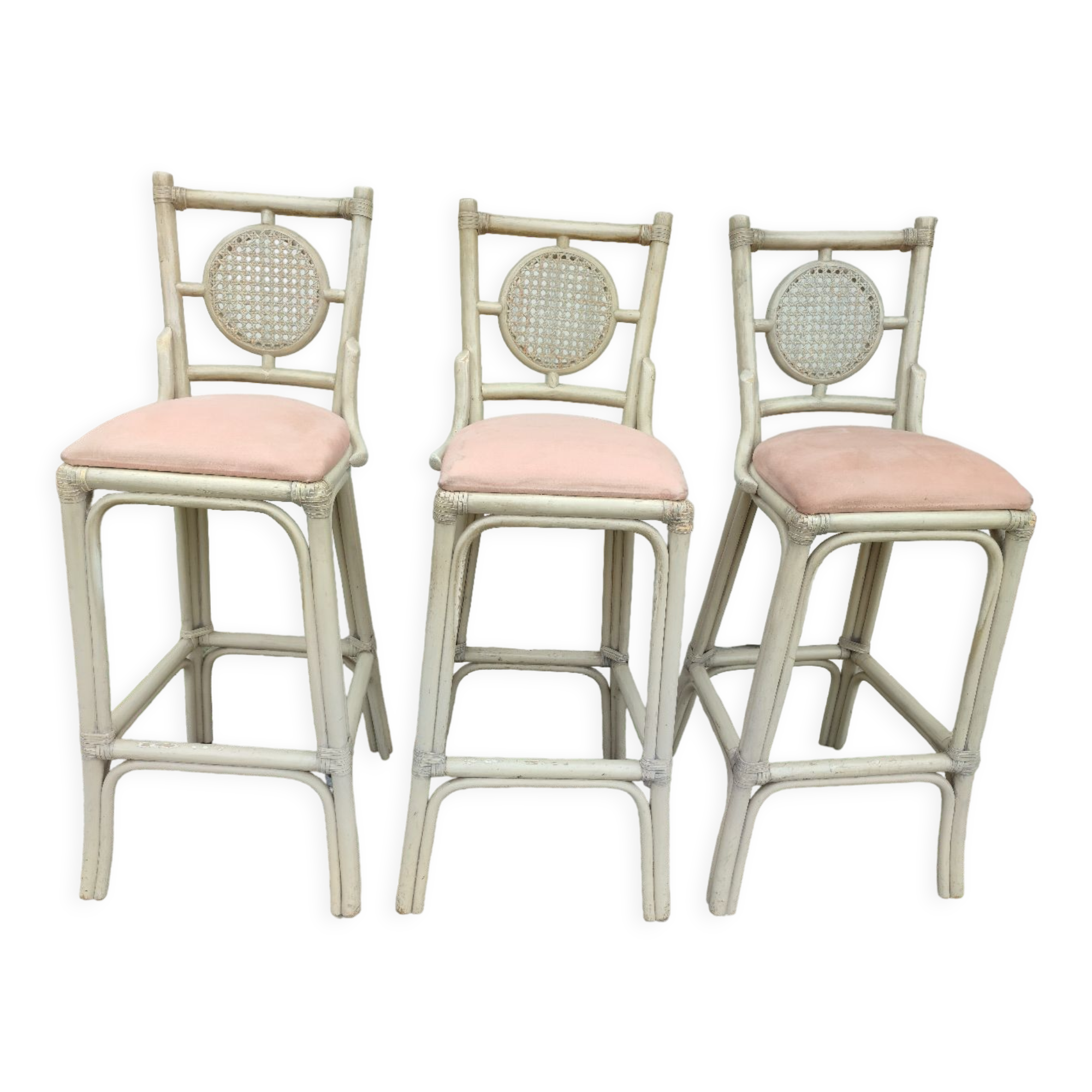3 white stools vintage bar bamboo wicker rattan