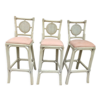 3 white stools vintage bar bamboo wicker rattan