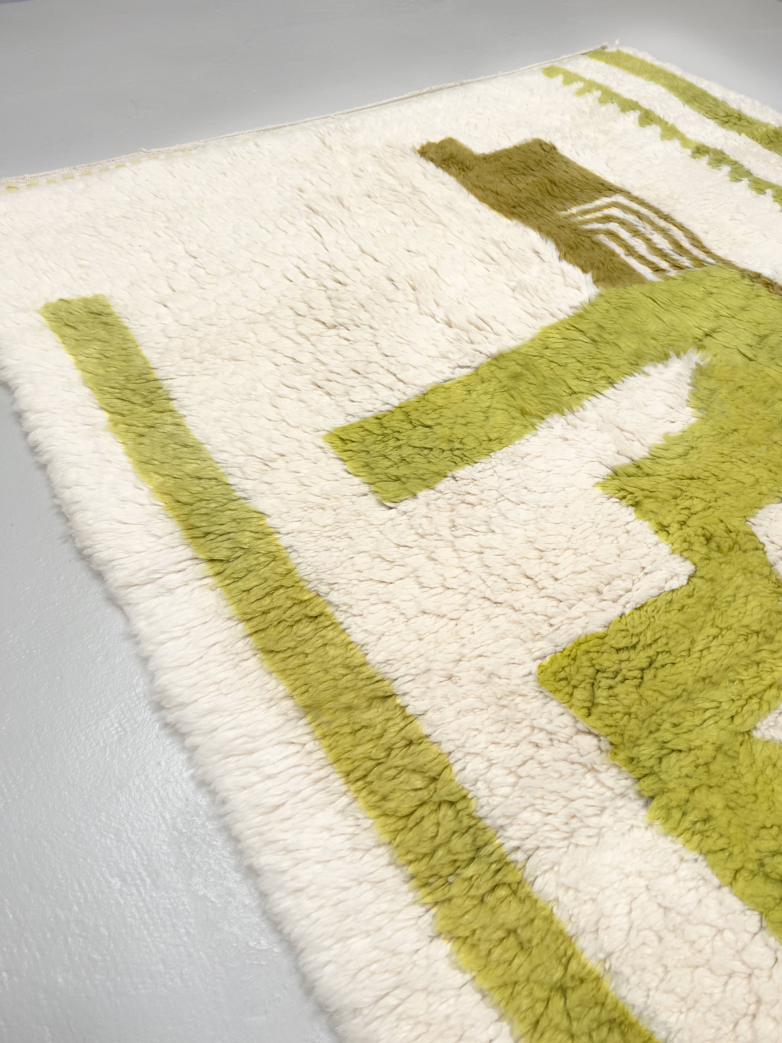 Tapis berbère Beni Ouarain écru à motifs verts 2,48x1,67m