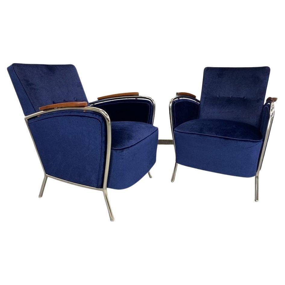 Elegant blue chrome armchairs by Jozsef Peresztegi