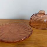 Cheese bell and vintage plate in art deco pink molded glass
