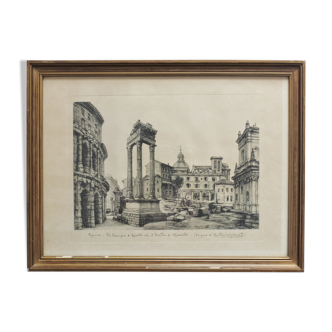 Framed lithograph reproduction drawing ruins of Rome by Antonio Carbonati vintage