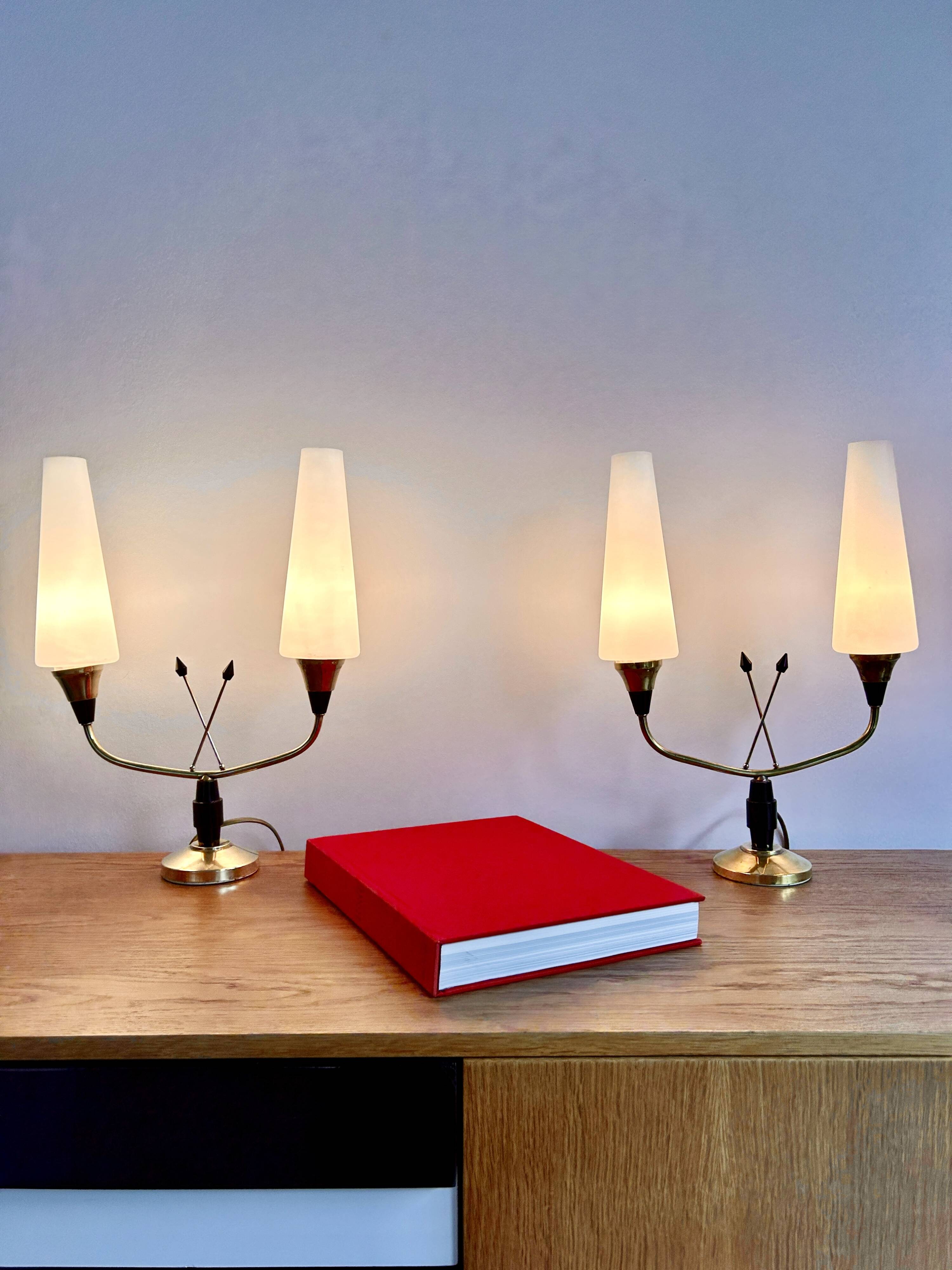Pair of brass and opaline lamps from the 1950s.