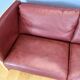 Mid century modern danish maroon leather & beech 2.5 seat sofa settee