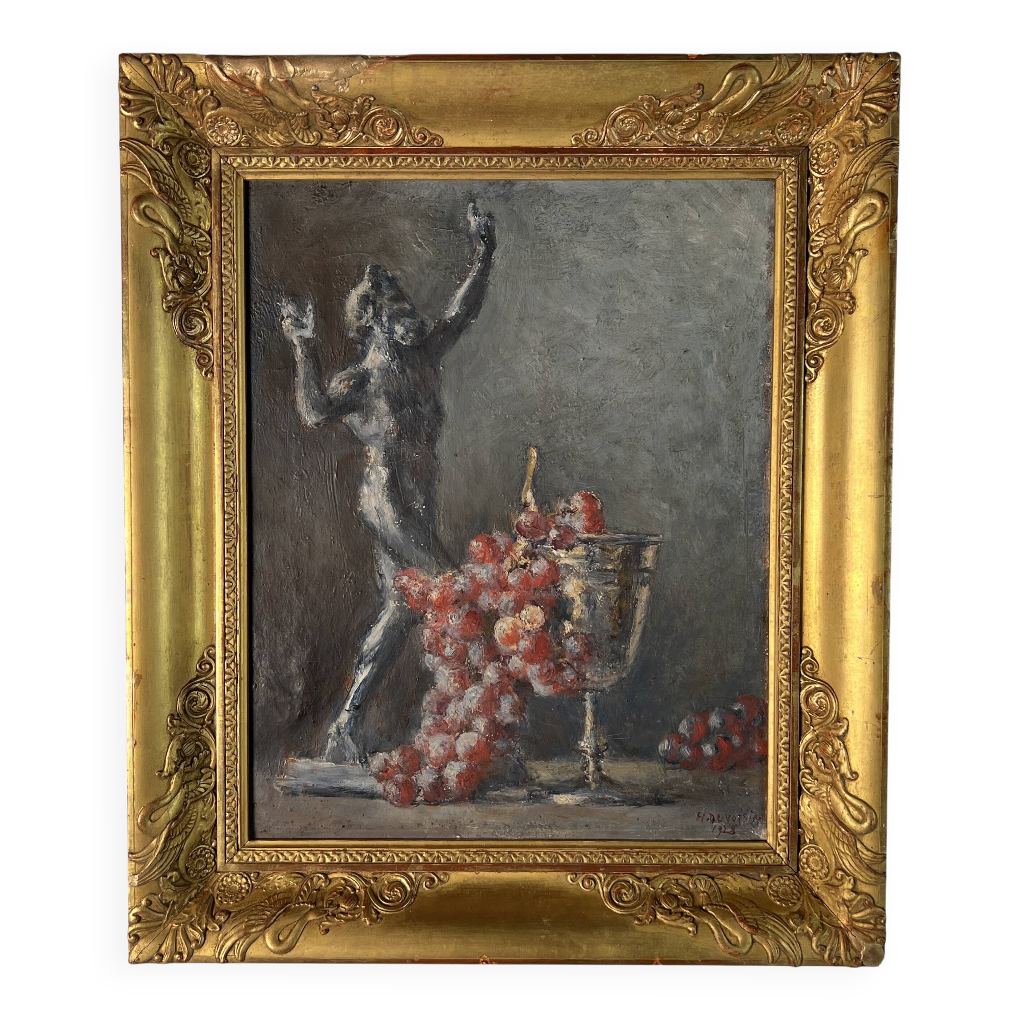 Henri duvoisin 1877-1959 oil on canvas still life empire frame, bacchus