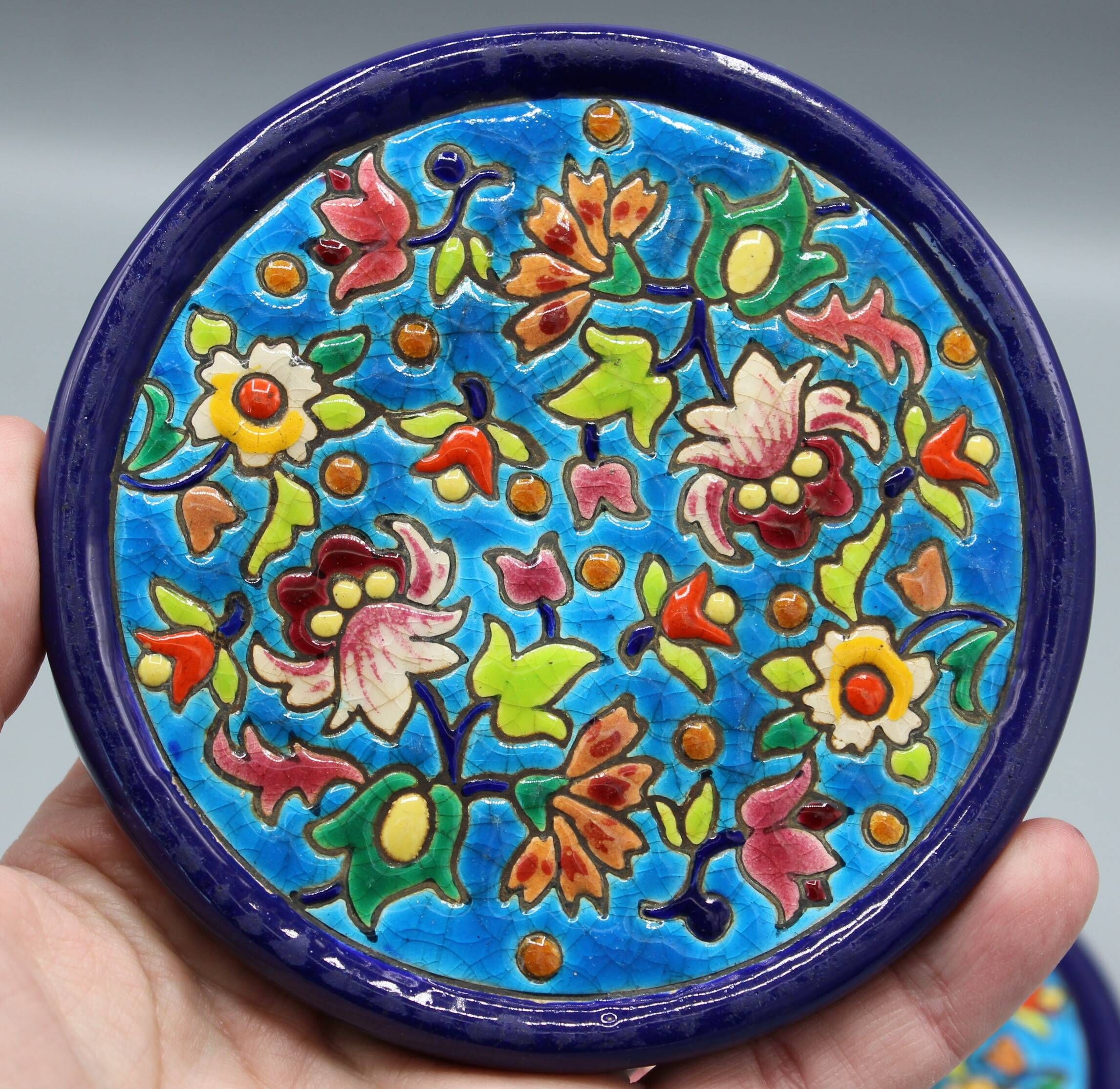 2 beautiful ceramic bottle coasters longwy enamels floral decor