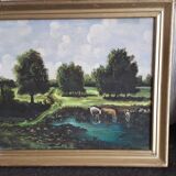 An old oil painting depicting a countryside landscape.