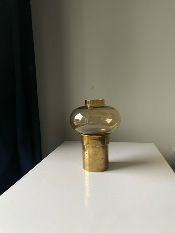Bougeoir vintage MCM Danish Design Hurricane en verre de couleur laiton et ambre