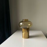 Vintage MCM Danish Design Hurricane Candleholder in Brass and Amber colored glass