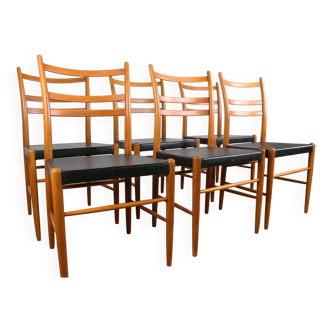 Series of 6 Swedish chairs in Elm and black Skai by Yngve Ekstrom for Gemla 1960.