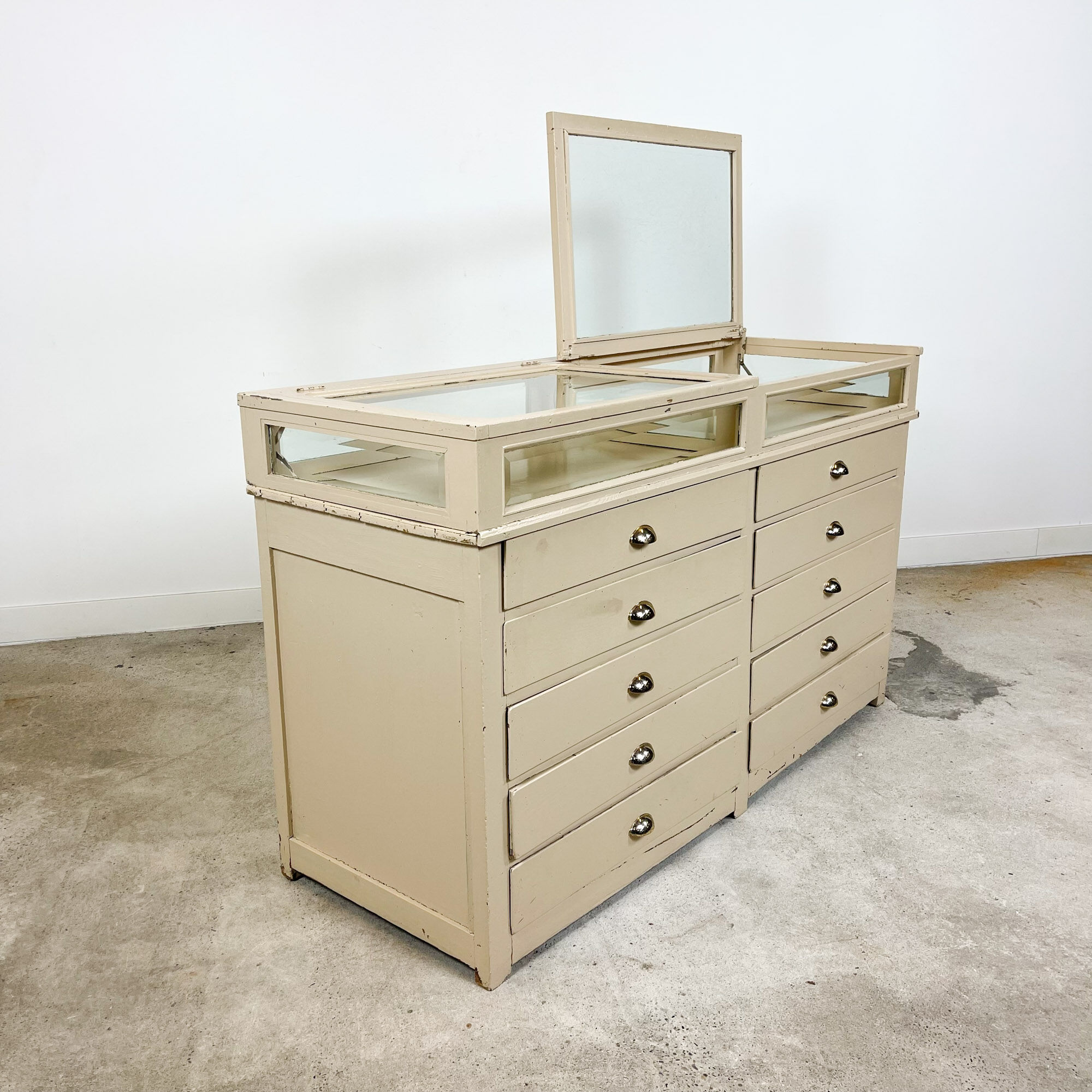 Vintage painted jewellery counter with top display