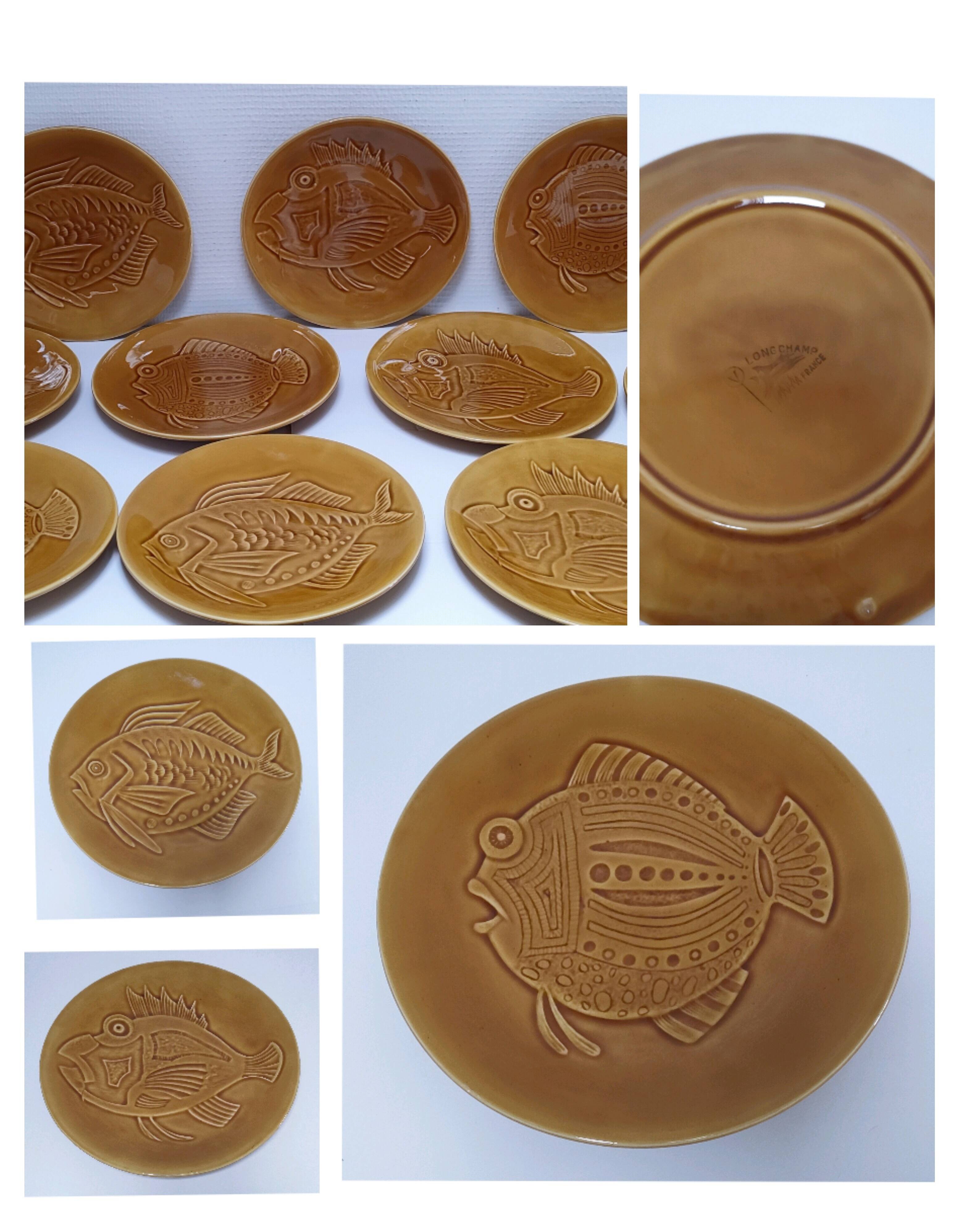 10 assiettes décor poisson par Robert Picault pour Longchamp