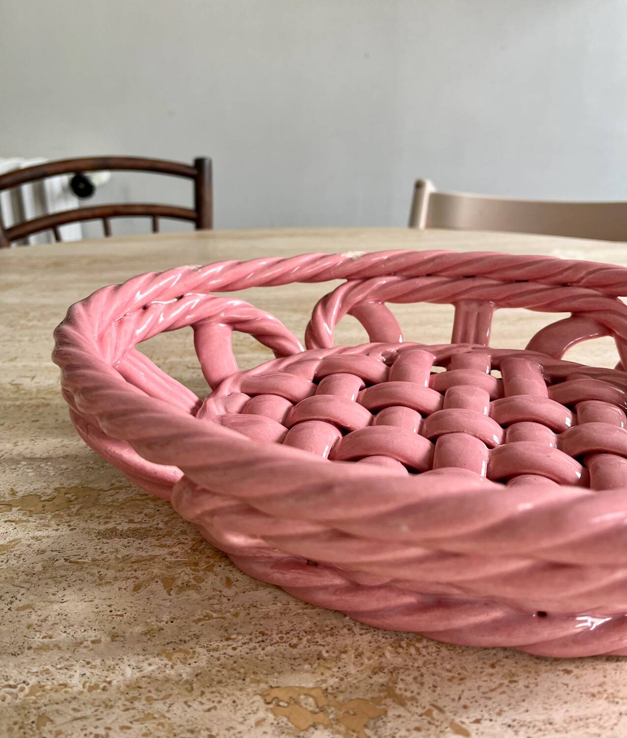 Vintage pink woven ceramic fruit basket