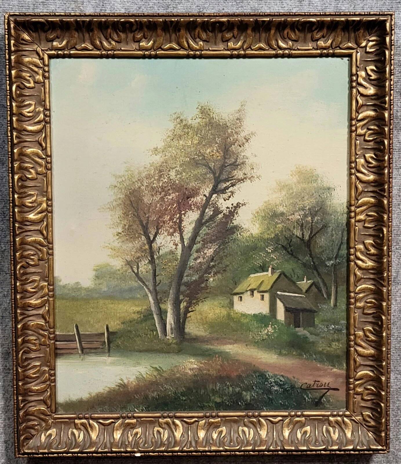 Henri catrou xixeme : huile sur toile paysage lacustre époque napoléon iii