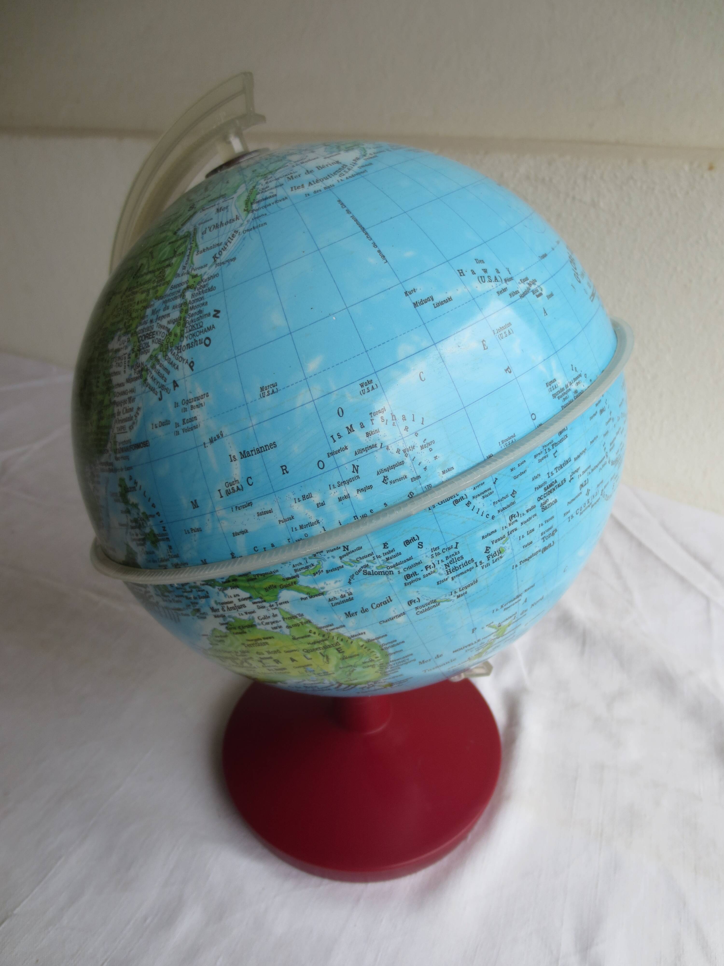 vintage world map, burgundy plastic base