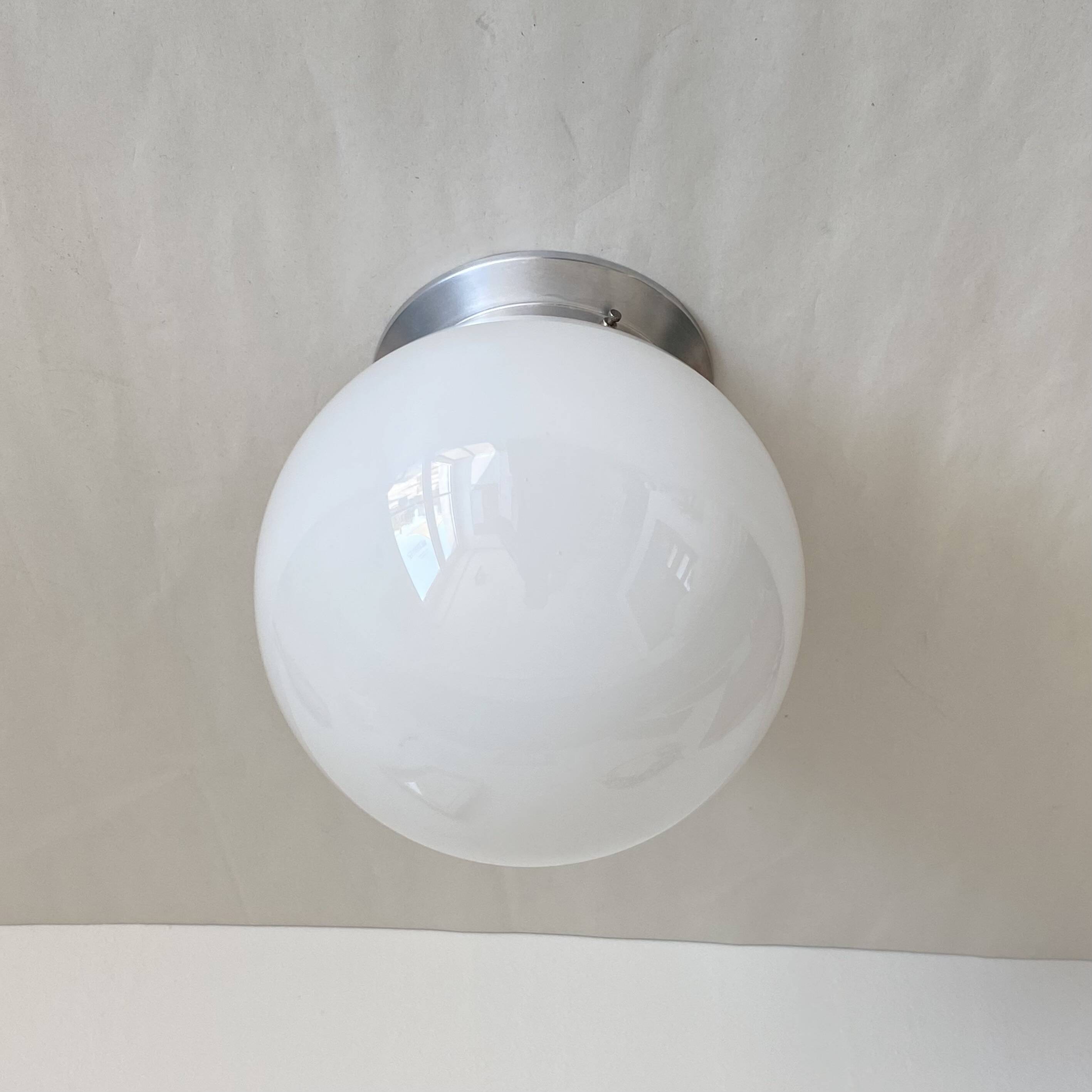 White opaline glass globe ceiling light, wall light, aluminum mounting