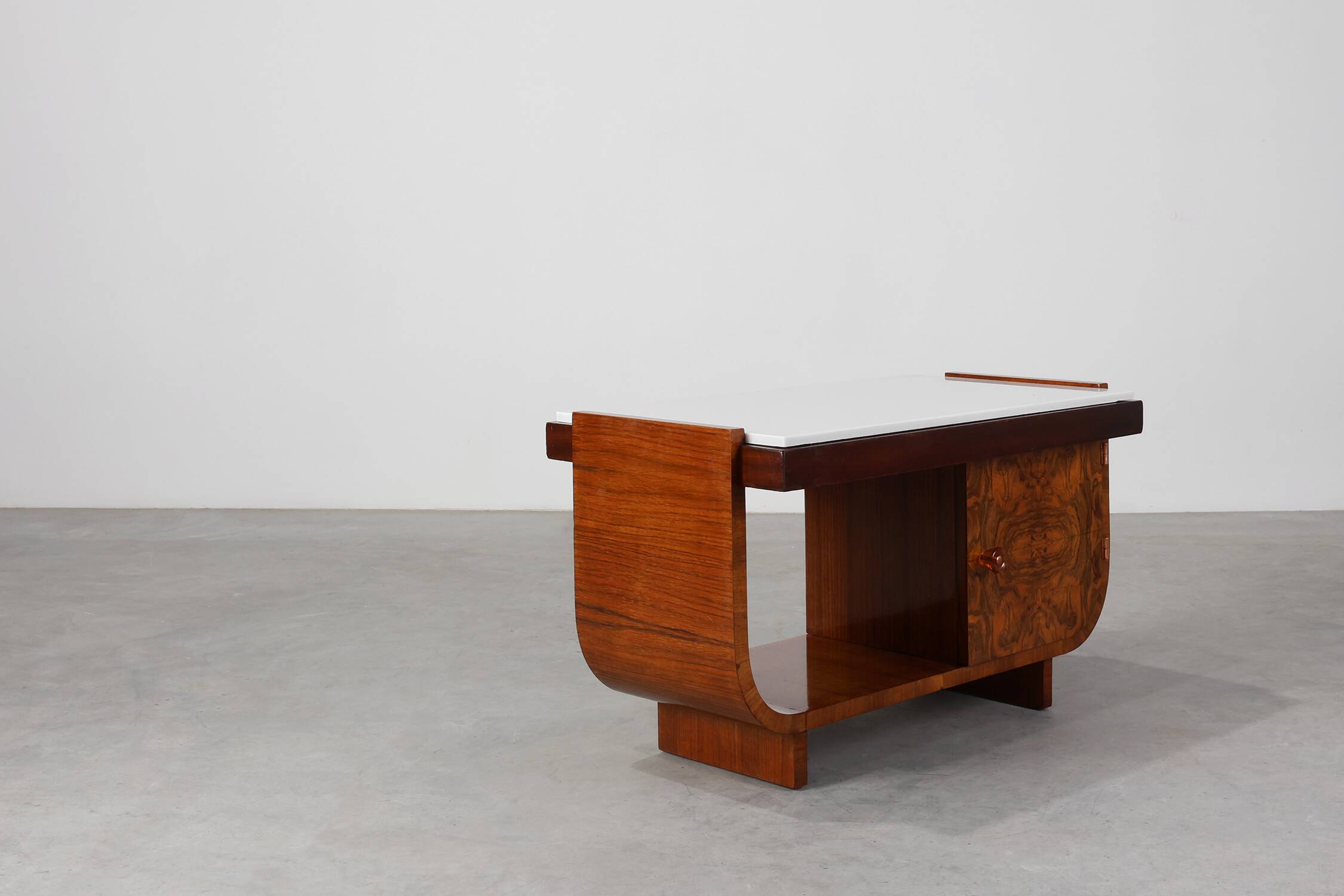 Belgian Art Deco Cabinet in Burl Veneer with Marble and Glass, circa 1930