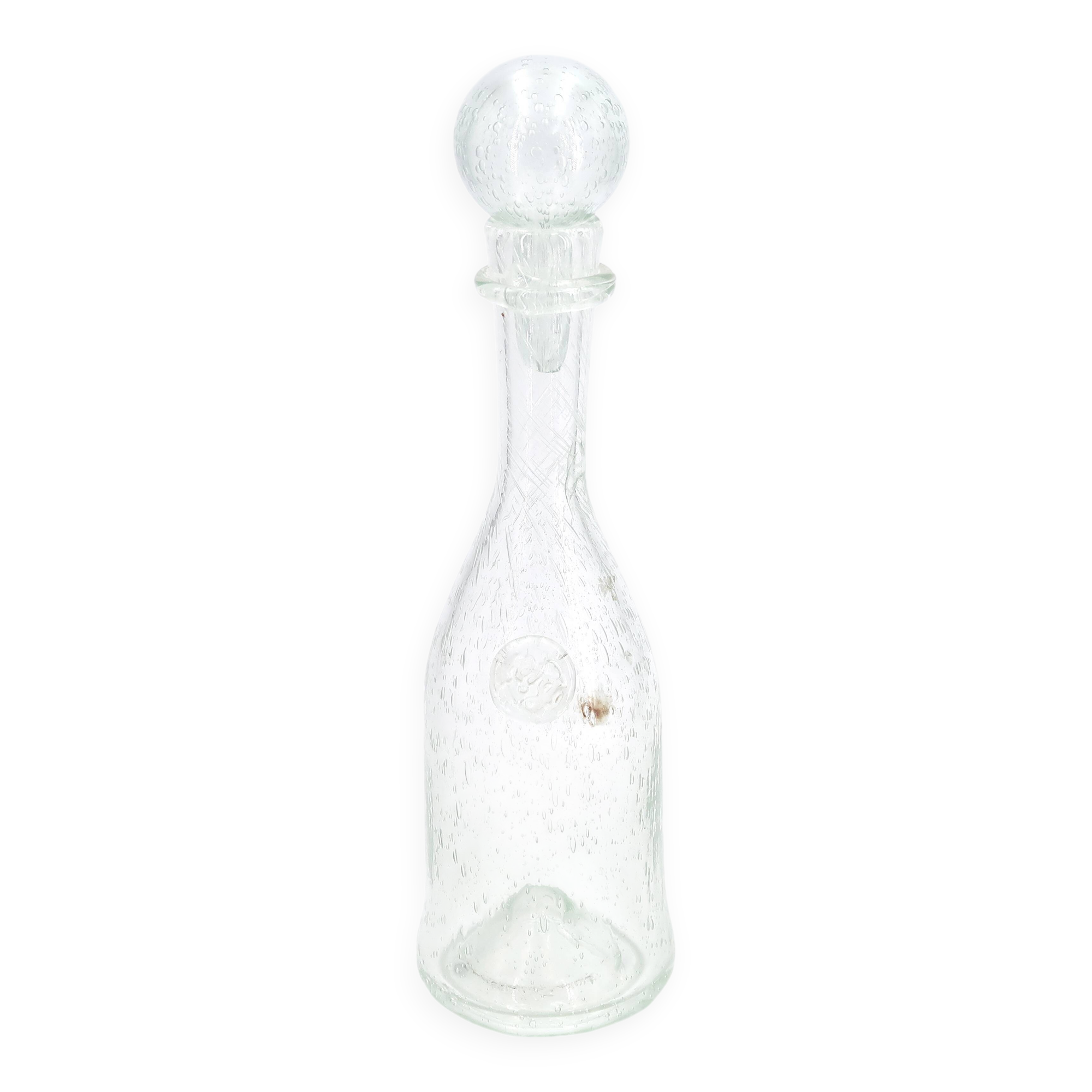 Clear bubbled glass carafe bottle from Biot, 1970s