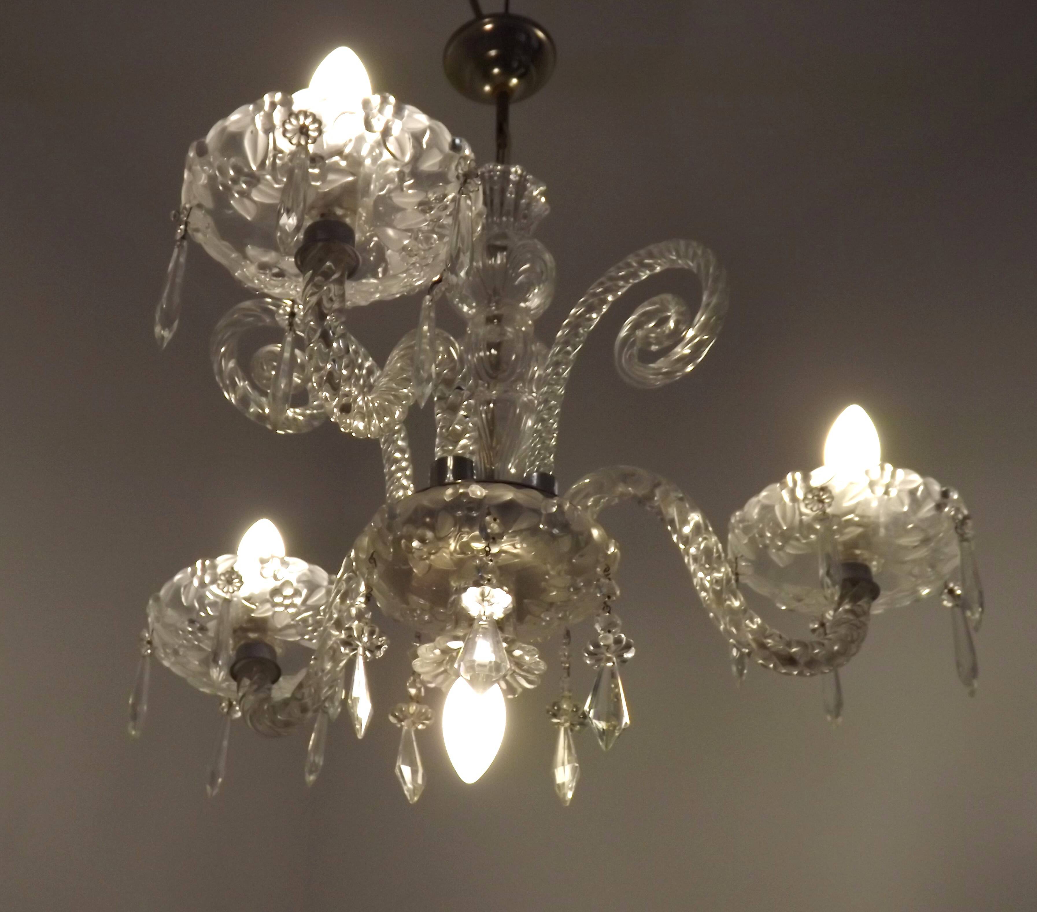 French antique glass and crystal barley twist three-armed four-light chandelier 5135