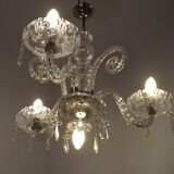 French Antique Glass and Crystal Barley Twist 3 Armed 4-Light Chandelier 5135