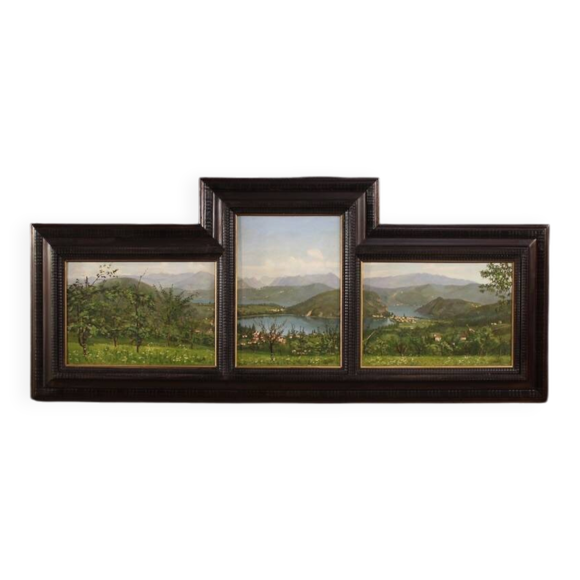 Triptyque de peintures vue du lac de Lugano, 20e siècle