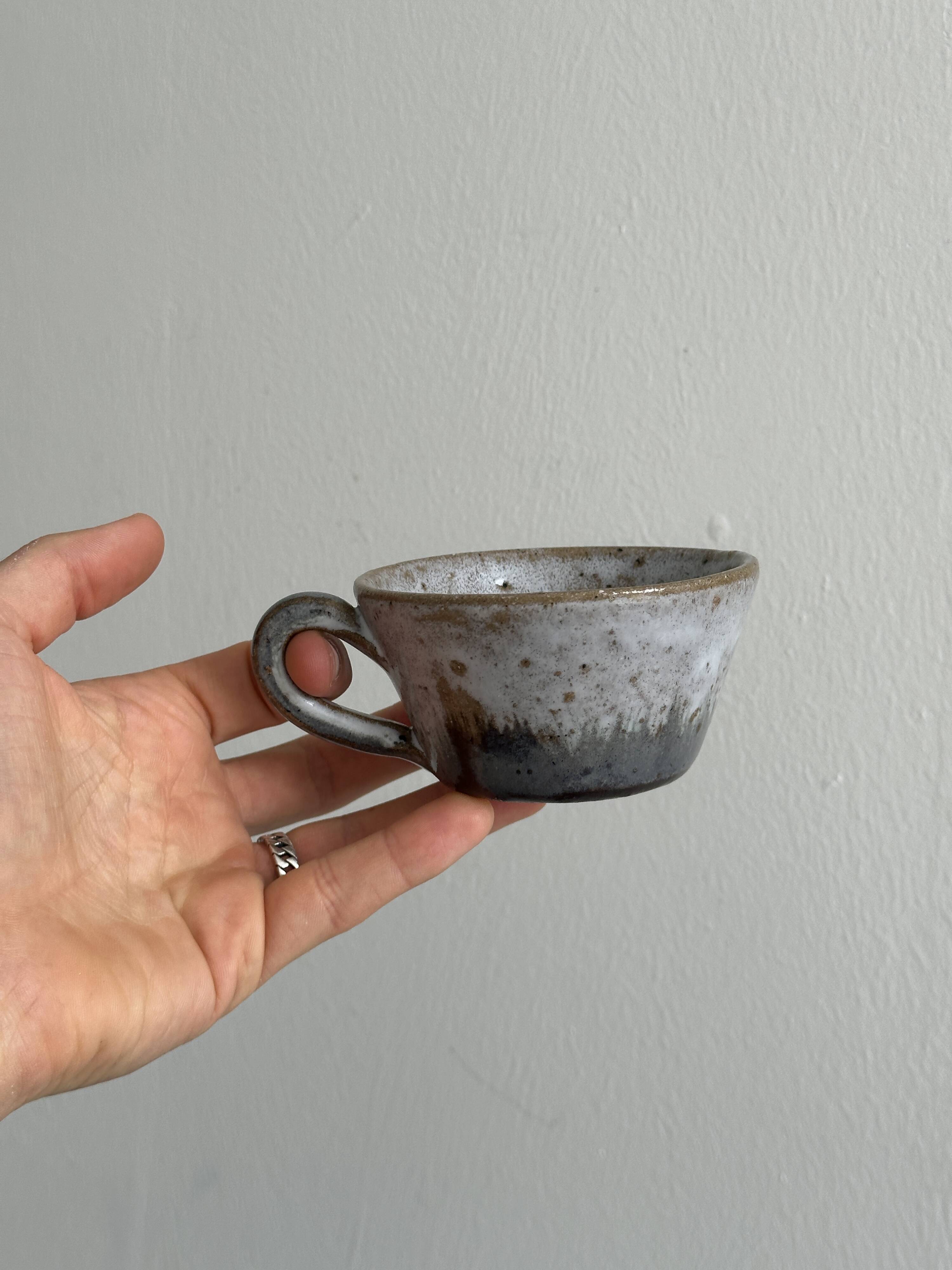 Handmade stoneware coffee set, 6 cups, saucers and sugar bowl, natural tones