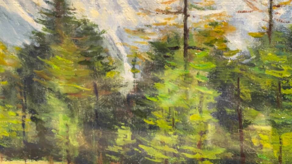 Snowy mountain landscape with pine trees, oil on canvas.