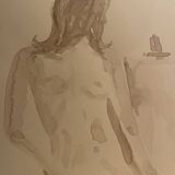 Tableau signé, aquarelle monochrome portait féminin « devant le chevalet »
