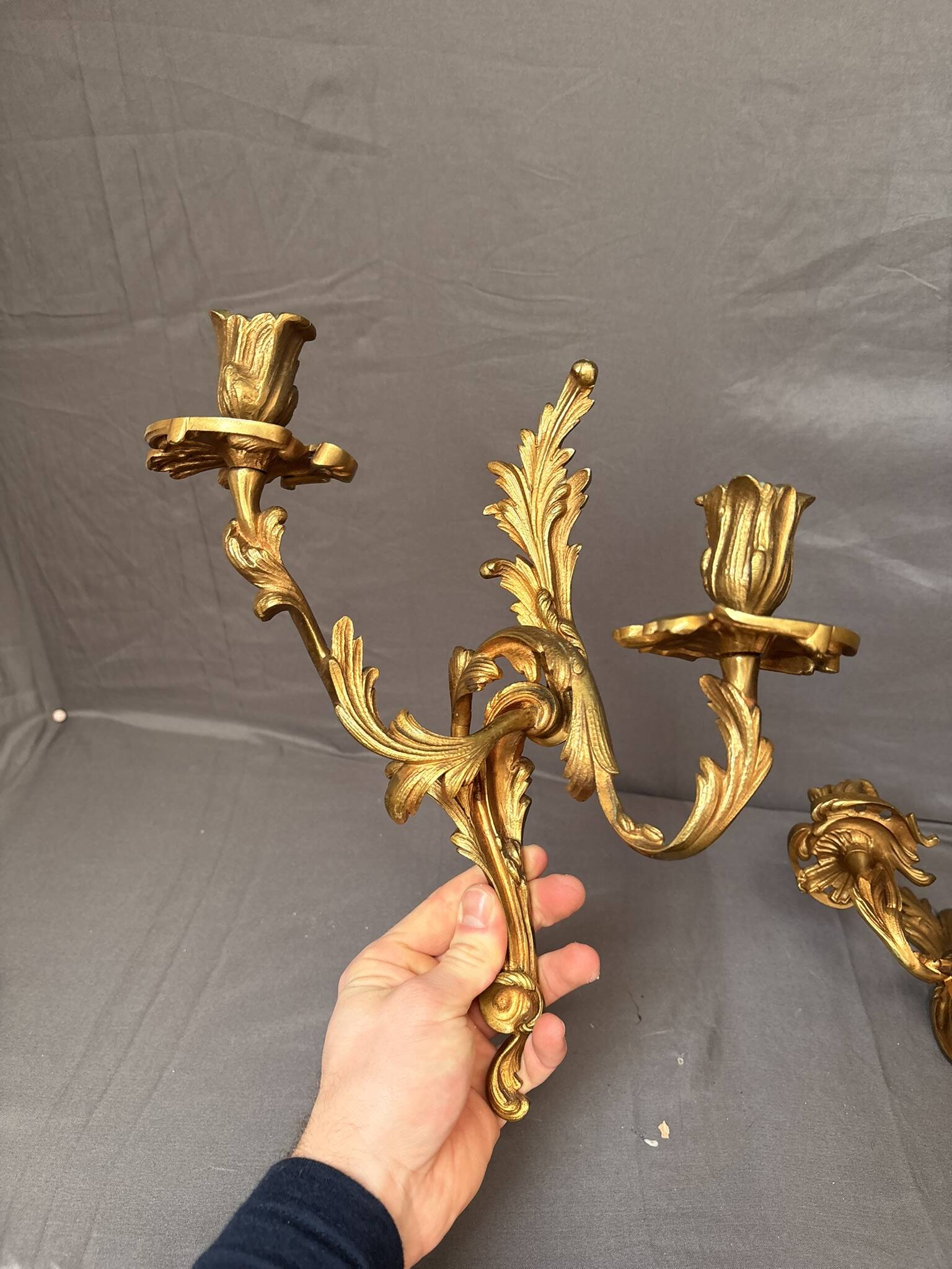 Antique Pair of Wall Sconces Candle Holders Louis XV Rococo Gilt Bronze