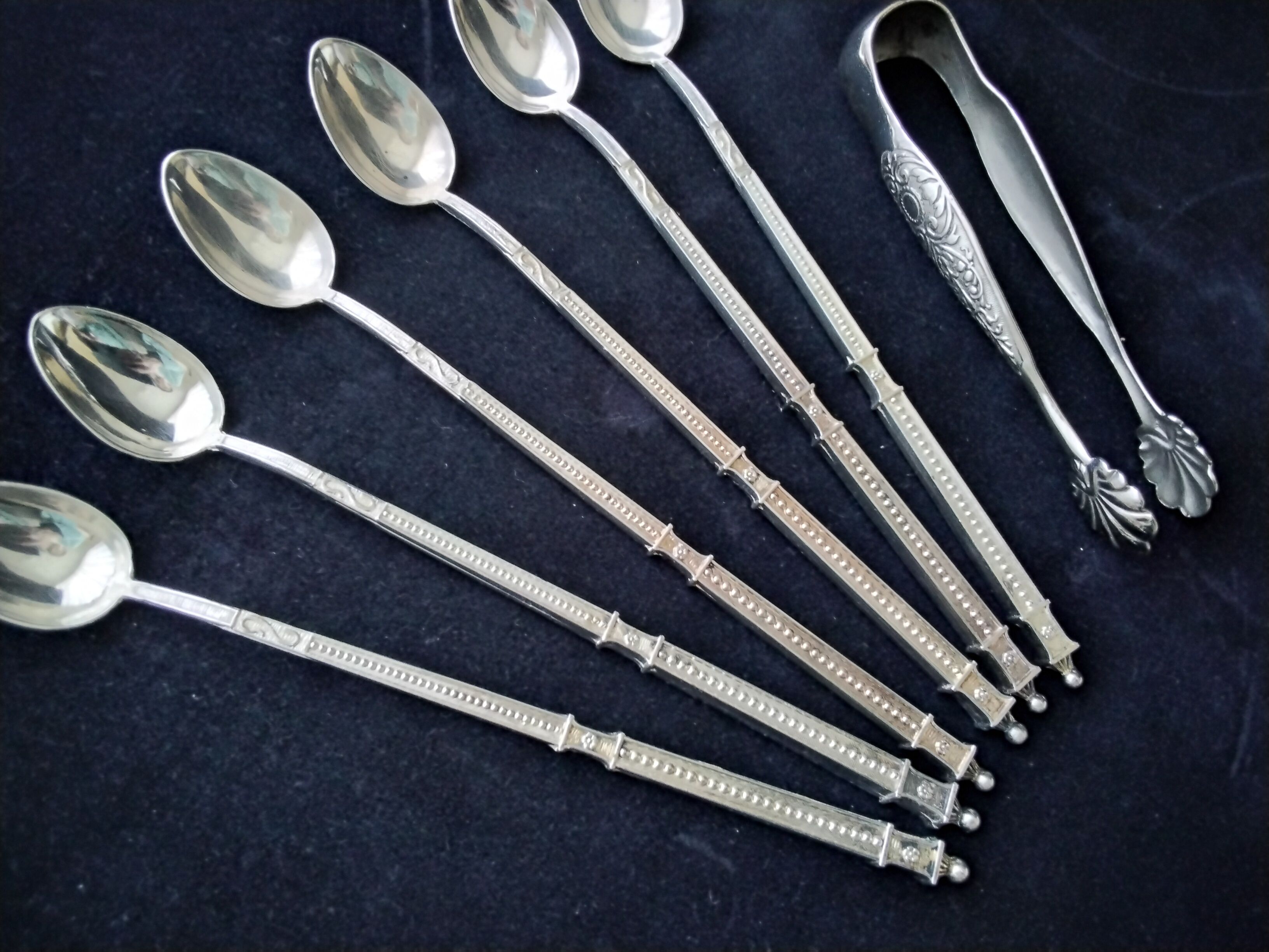 Set of 6 mazagran spoons and stainless steel sugar tongs