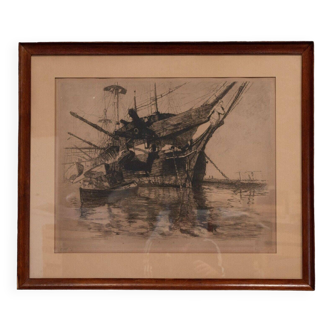 Engraving René Pinard The old frigate Clorinde boats Nantes 1st state