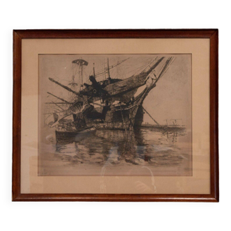 Gravure René Pinard La vieille frégate Clorinde bateaux Nantes 1er état