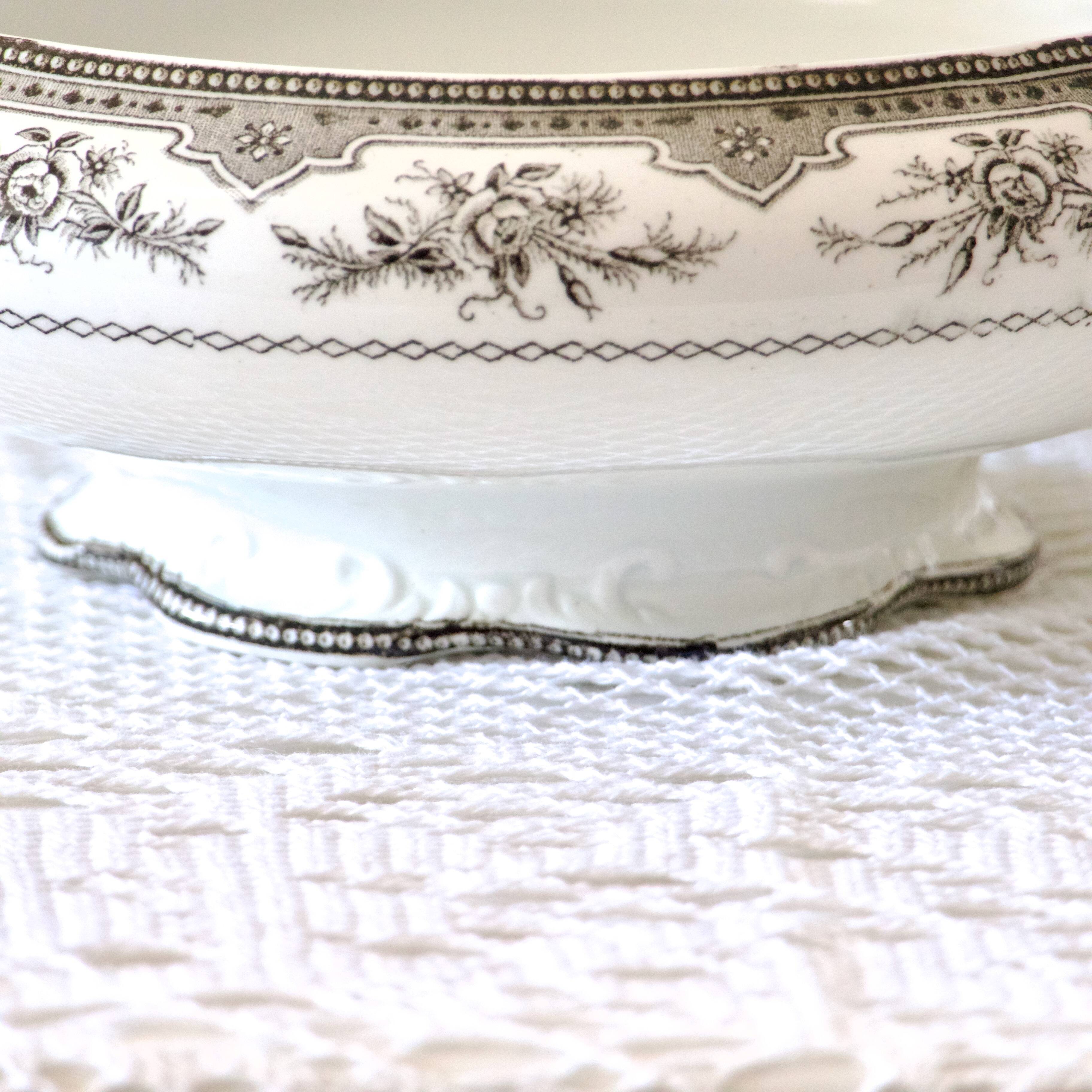 19th century vegetable dish, iron earth Onnaing, sepia, moss roses