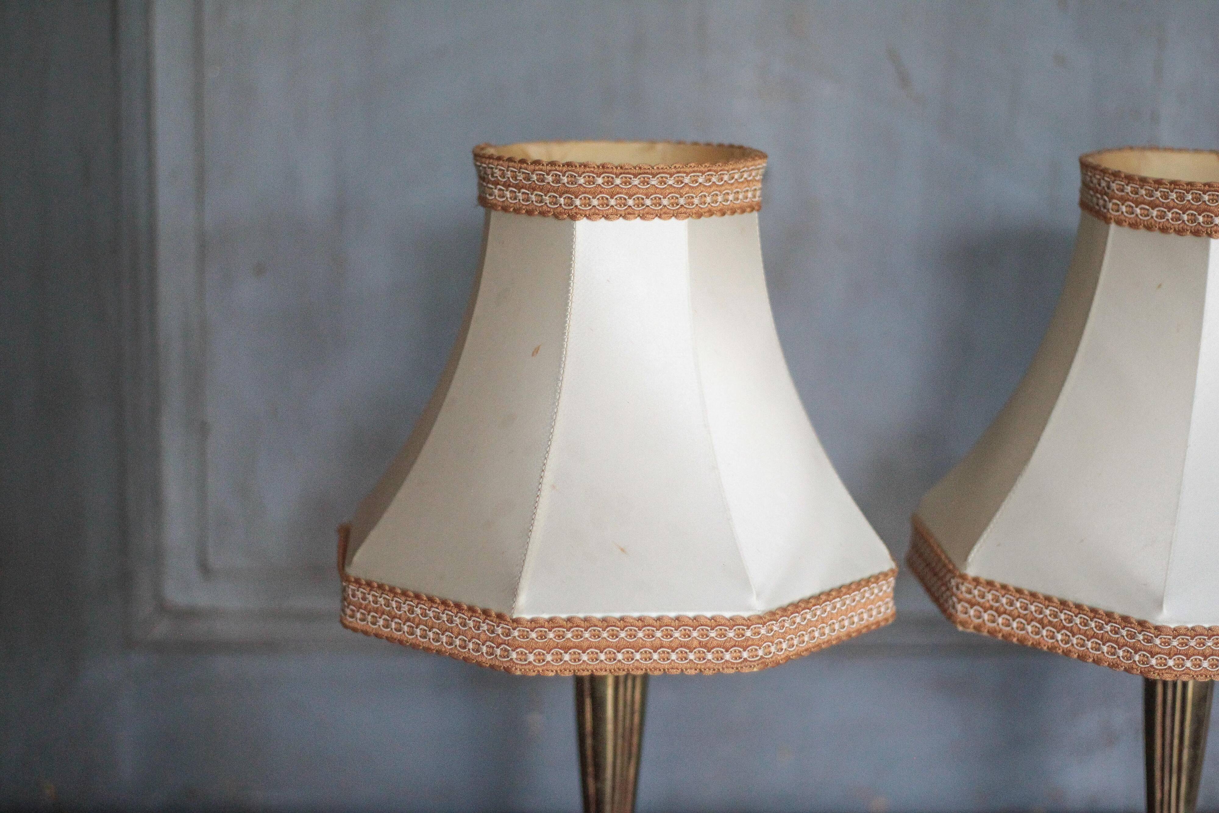 Pair of bronze lamps with fabric shades, bedside lamp.